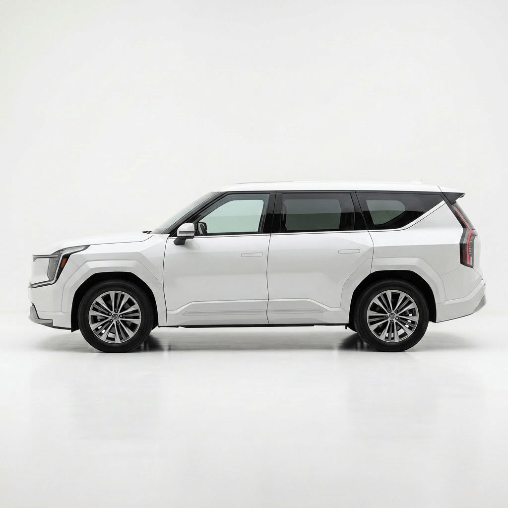 Side view of a white mid-size SUV with tinted windows and alloy wheels